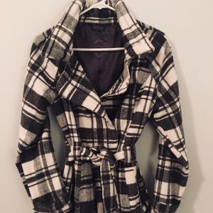 Grey Plaid Peacoat, Size M/L